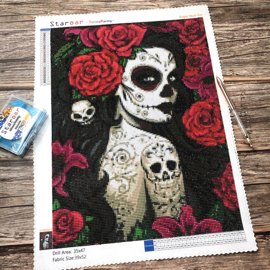 Sugar Skull Girl - Rund mit AB Diamanten